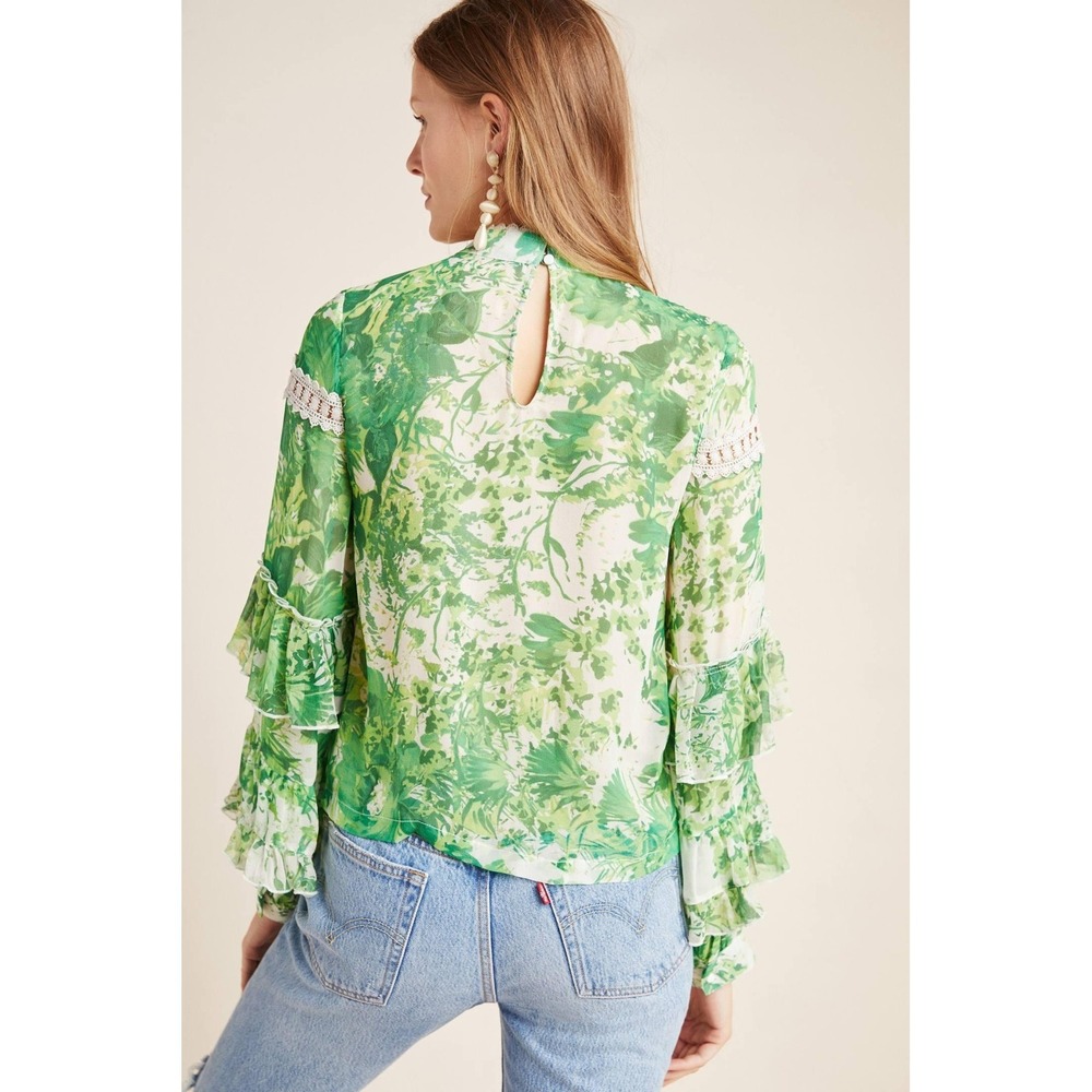 Hope For Flowers By Tracy Reese Angelina Peasant Blouse Womens 10 Green Silk - Picture 2 of 16